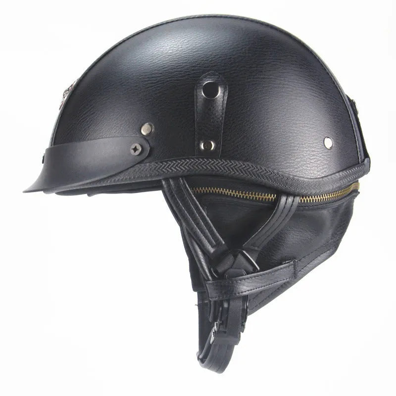 Retro motorcycle helmet with half pedal design in black artificial leather