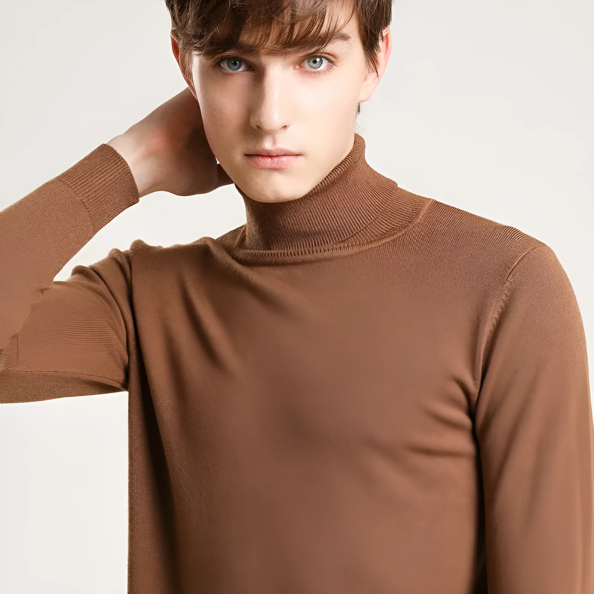 Men's loose fit turtleneck sweater in beige, solid colour, autumn winter pullover