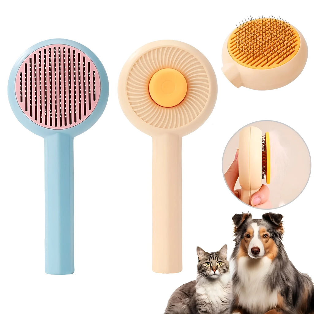Blue self-cleaning pet grooming brush with angled metal needles for cats and dogs