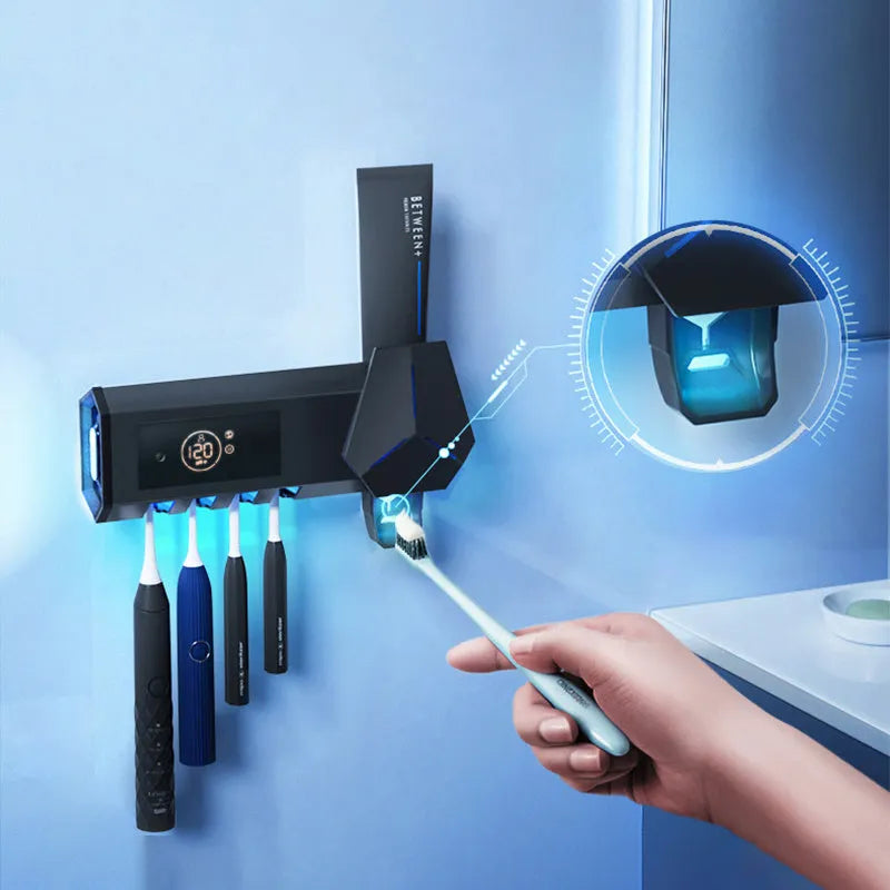 White smart toothbrush steriliser with UV light, wall-mounted on bathroom tile with suction fitting