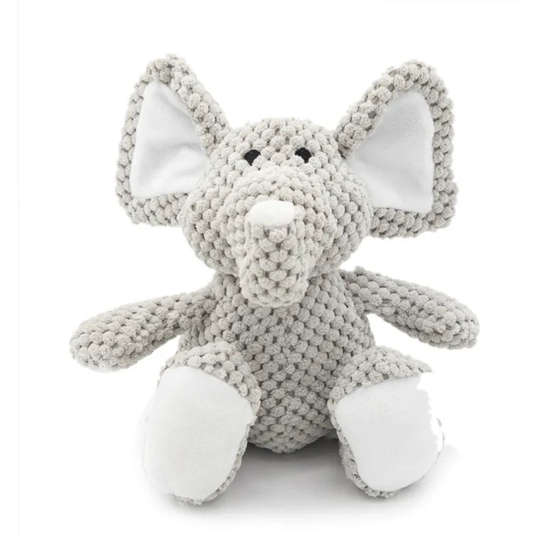 Squeaky dog plush chew toy in animal shape for dental cleaning and play