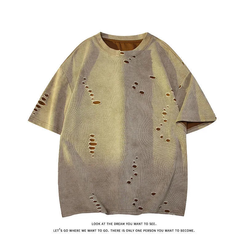 Grey men's loose ripped short sleeve cotton blend t-shirt on a hanger.