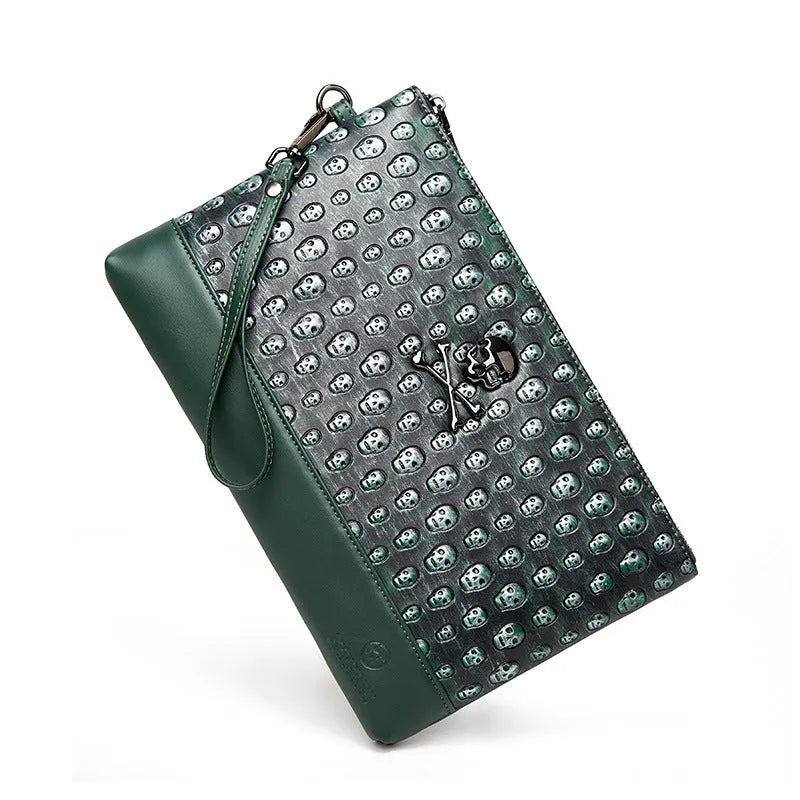 Retro men's and women's skull clutch bag in black/army green with geometric pattern and PU leather finish