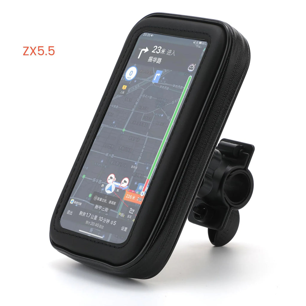 Black synthetic leather riding mobile phone stand bag for 6.5 inch phones, waterproof cycling holder