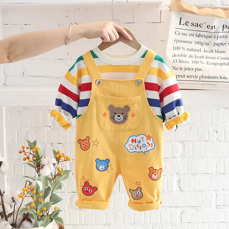 Yellow cotton plaid boys overalls suit with shirt and strap pants for child height 100cm