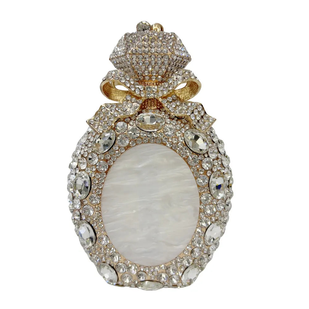 Hard alloy women's clutch bag with full diamond detailing and three-dimensional pocket design