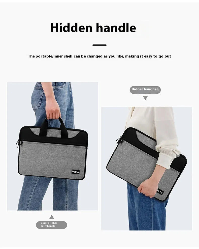 Black Oxford cloth laptop bag with soft carry handle, shown closed, for business travel.