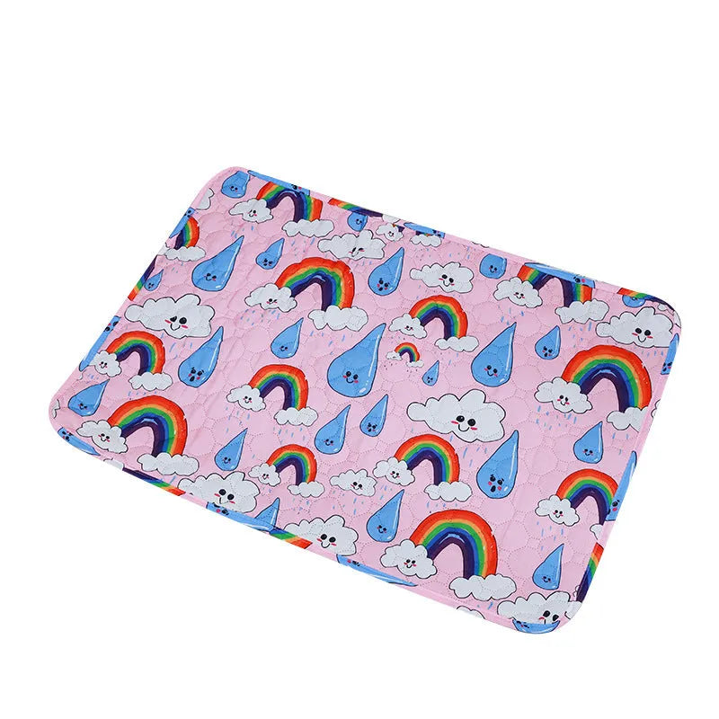 Reusable waterproof pet training pad showing animal print design options and size variations
