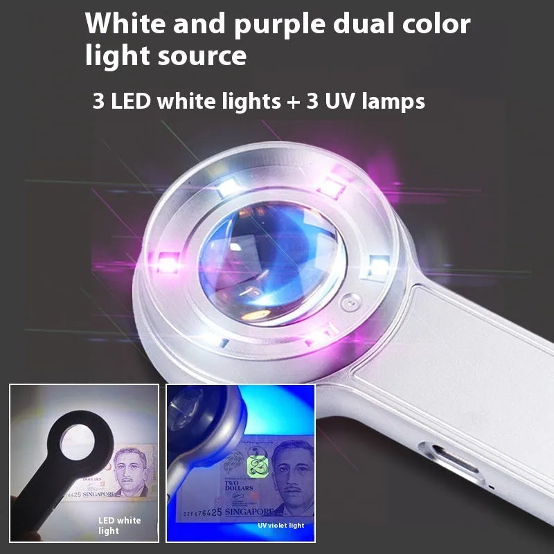 60x LED magnifying glass with USB charging, silver finish, showing 30mm lens and button control