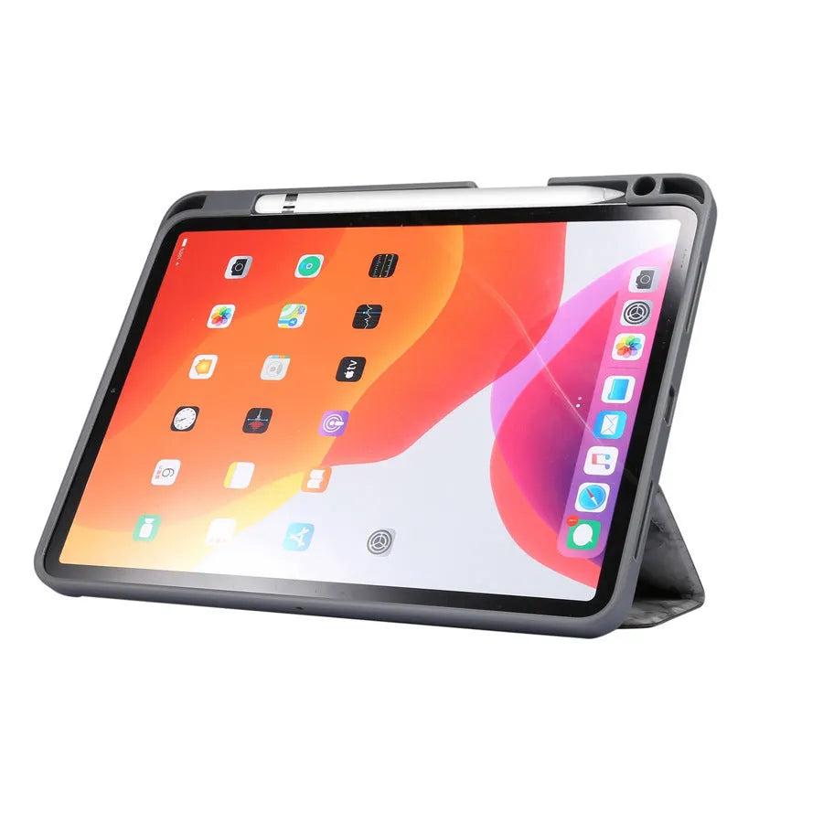 Tri-fold iPad case in dark grey imitation leather with a slot for an Apple Pencil