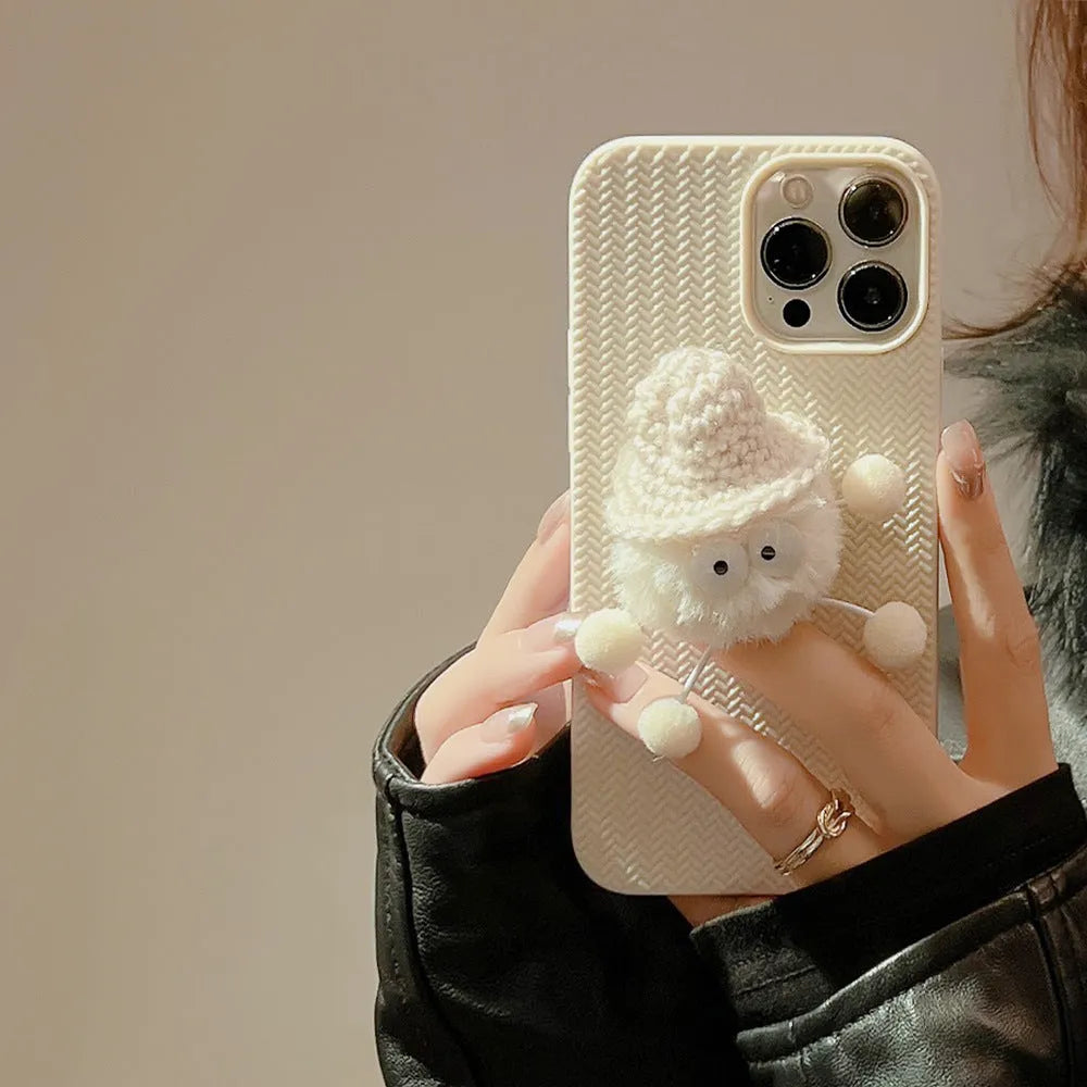 Plush coal ball phone case for iPhone, soft TPU shell, black, with 3D hairy doll design