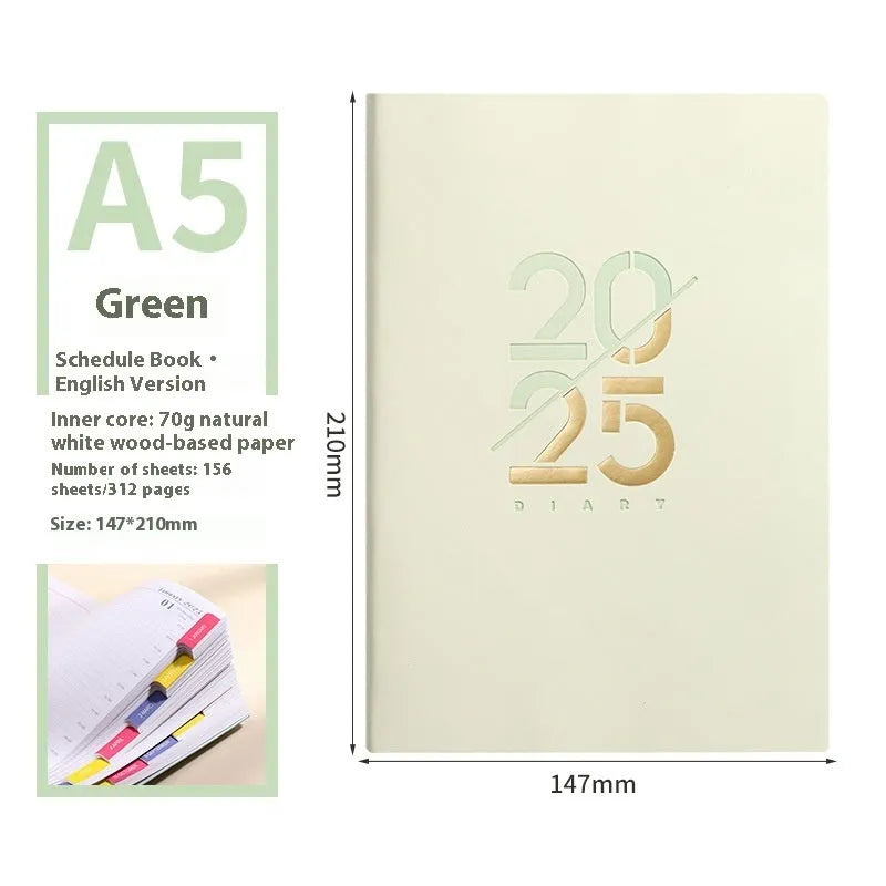 A5 2025 daily planner notebook with soft faux leather cover in multiple colours, open to show lined pages.