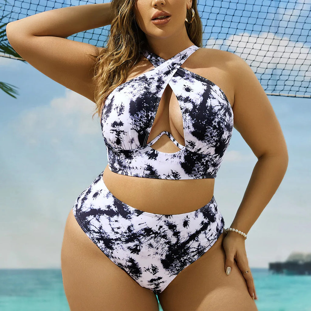 Cross collar random printed one-piece swimsuit in polyester with lining