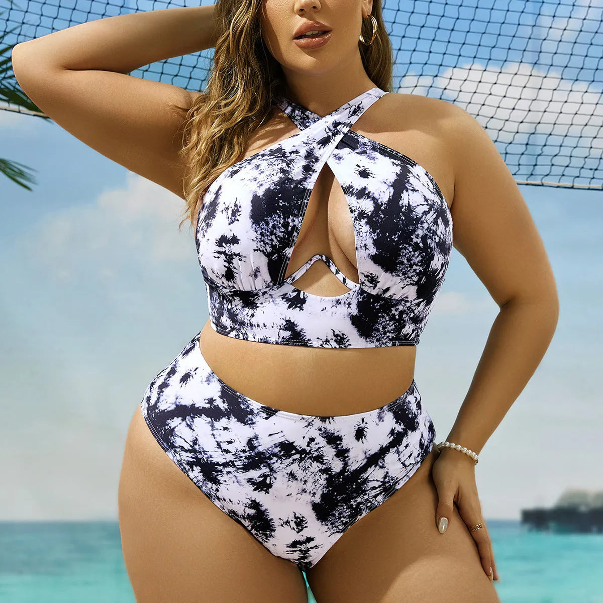 Cross collar random printed one-piece swimsuit in polyester with lining