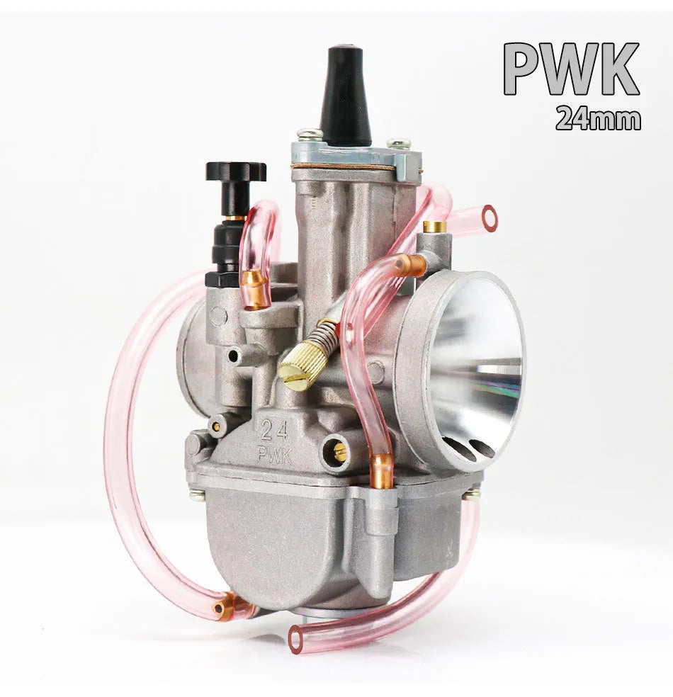 Sandblasted aluminium PWK motorcycle carburetor showing seven available bore sizes from 21mm to 34mm.