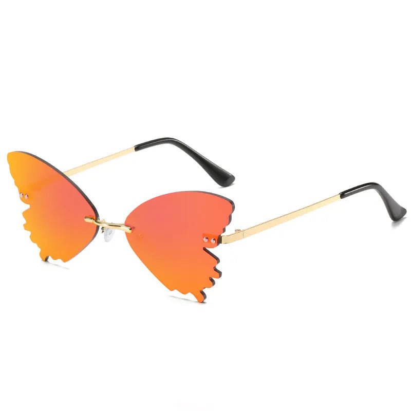 Butterfly rimless sunglasses with UV400 protection, vintage style, plastic and metal frame, available in blue green grey pink purple red yellow