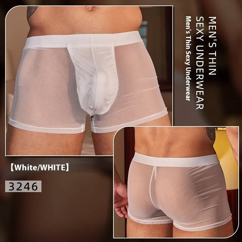 Black and white men's ultra-thin nylon boxer briefs laid flat.