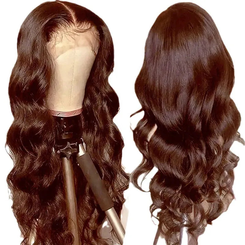 Women's long curly dark brown front lace wig with side bangs style