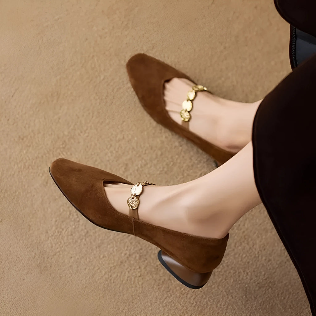 French retro square toe low-cut suede pumps for women in black, low top with rubber sole