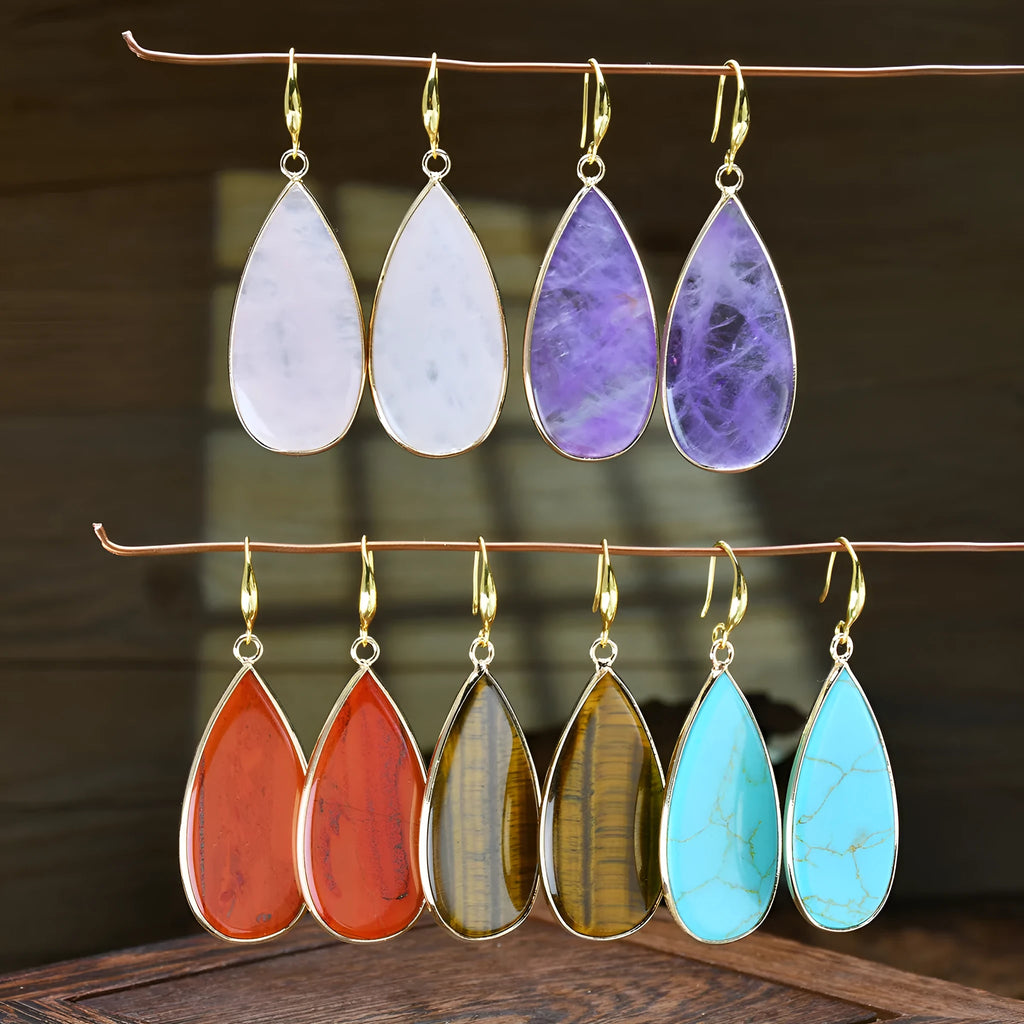 Handmade vintage stone drop earrings in Tigereye, amethyst and crystal colours