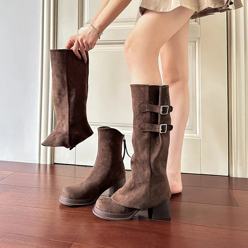 Removable pile style boots in apricot suede with chunky heel and platform, high leg shaft
