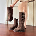 Removable pile style boots in apricot suede with chunky heel and platform, high leg shaft