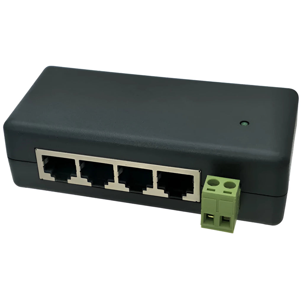 Black four-port centralized DC power supply box with RJ-45 interfaces for TV, PoE, or syringe-pump equipment