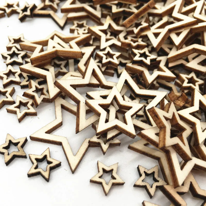 MDF wooden five-pointed star craft pendants in 10mm, 20mm and 30mm mixed sizes for home decoration