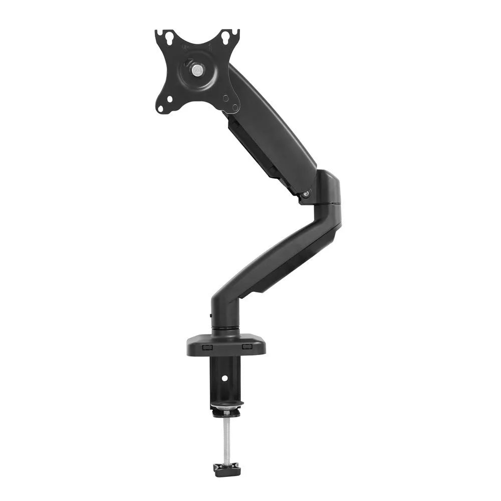 Black LCD screen rotating telescopic bracket elevated on desk with adjustable height and angle