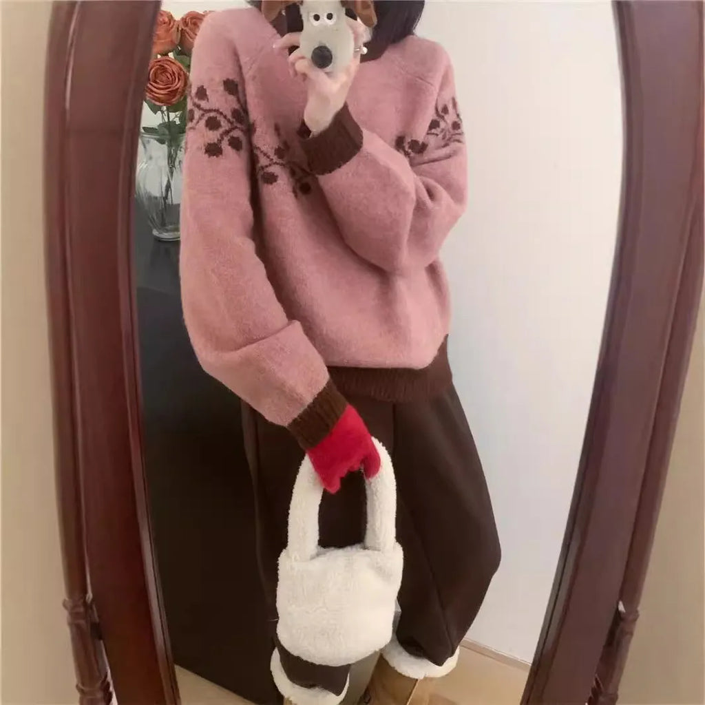 Korean style round neck jacquard colour matching loose knitted pullover sweater in apricot, grey, or brown, average size