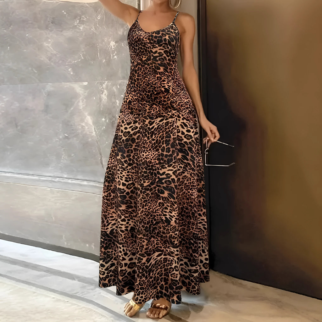 Dark brown leopard print dress with sleeveless round neck and sling style shoulder straps