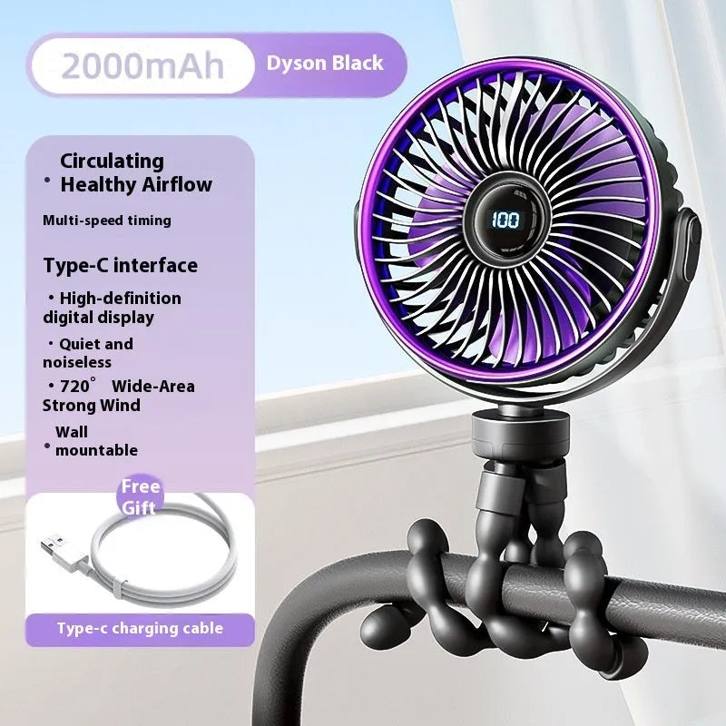 Clip-on portable stroller fan with rotating head in beige colour showing USB port and control buttons