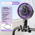 Clip-on portable stroller fan with rotating head in beige colour showing USB port and control buttons