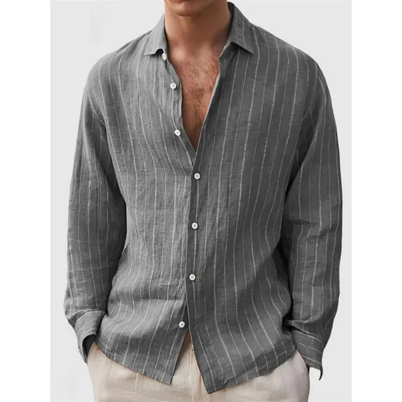 Men's striped polyester cardigan style shirt shown in multiple colour options