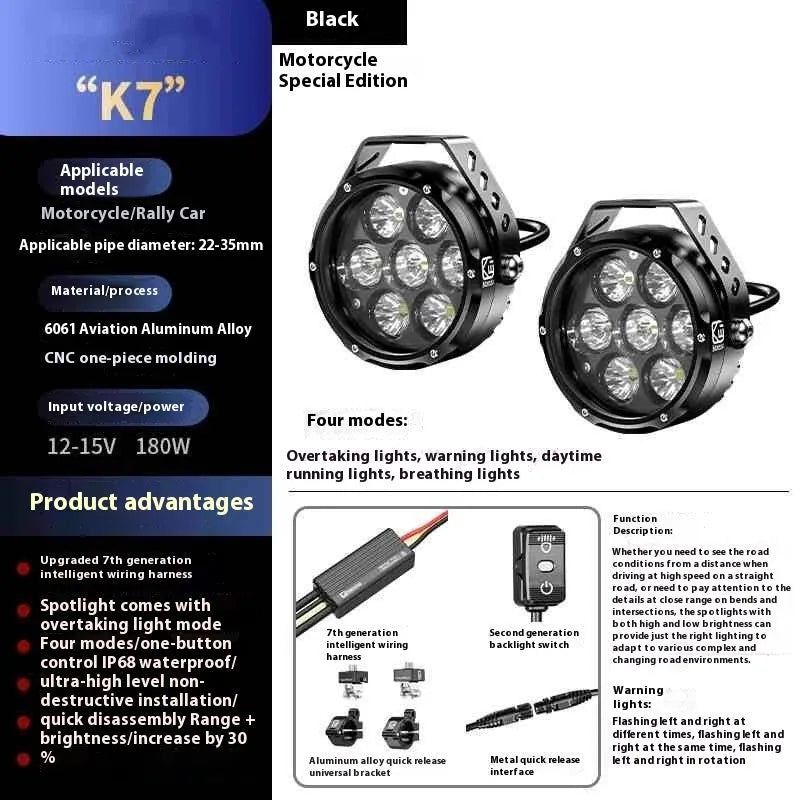 72W motorcycle LED spotlight with high and low beam, 6000K, K7 standard or quick release edition