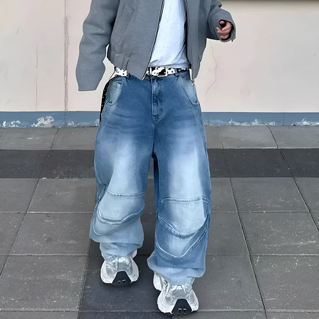 Men's washed white blue baggy jeans with pleated detailing and straight-leg style