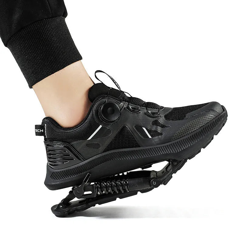 Black unisex running shoes with mesh upper, rubber EVA sole, and lace buckle closure.
