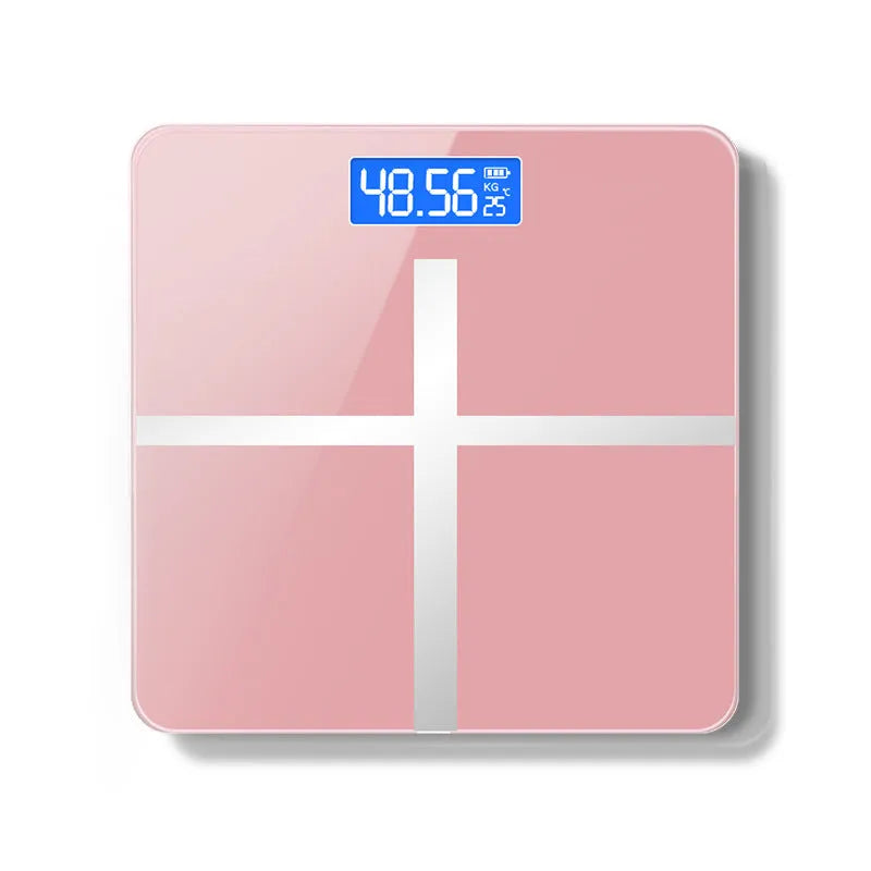 USB rechargeable electronic body weight scale in cross black, rose red, or white.