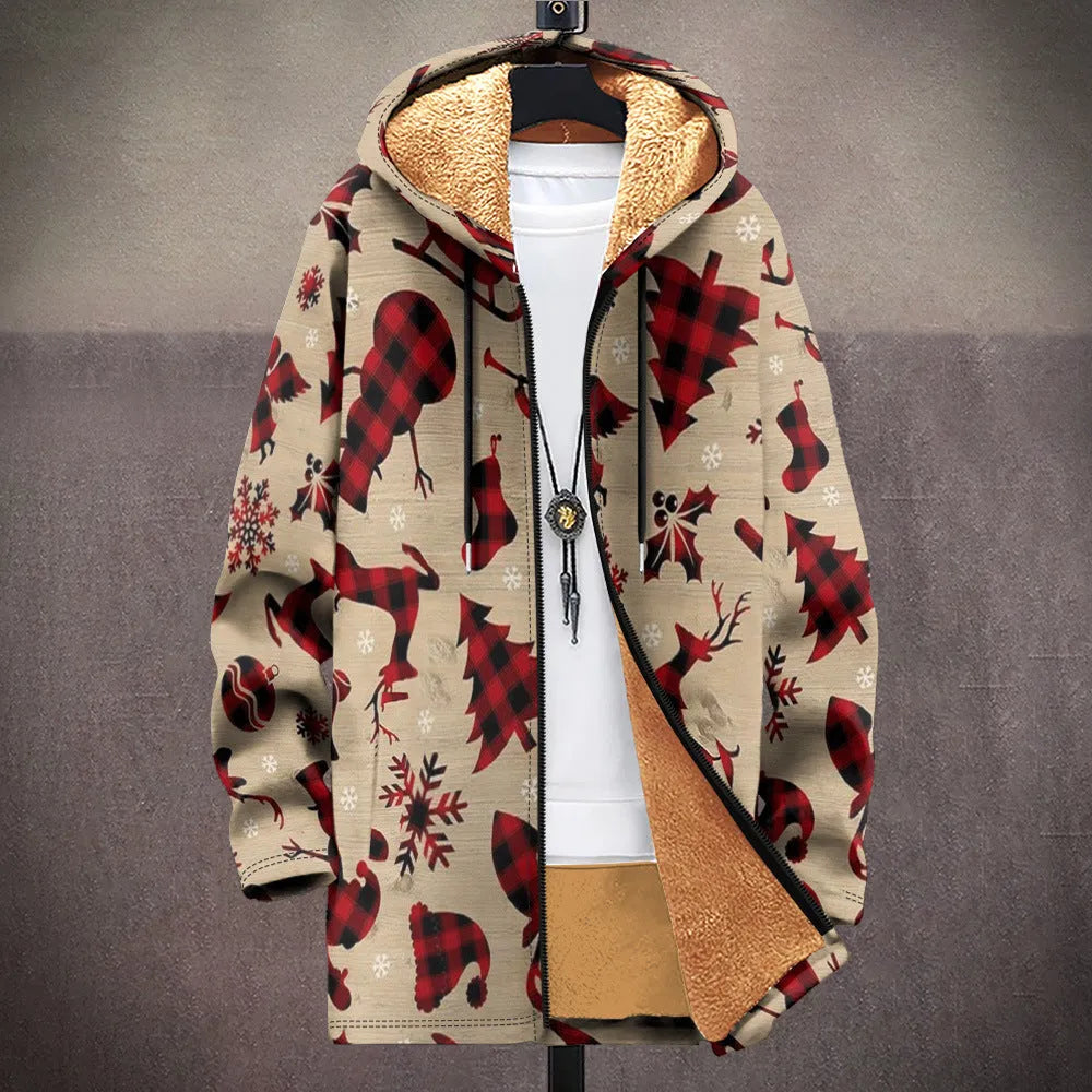 Man wearing a loose-fit, zip-up hooded cardigan with a multicolour digital print pattern.