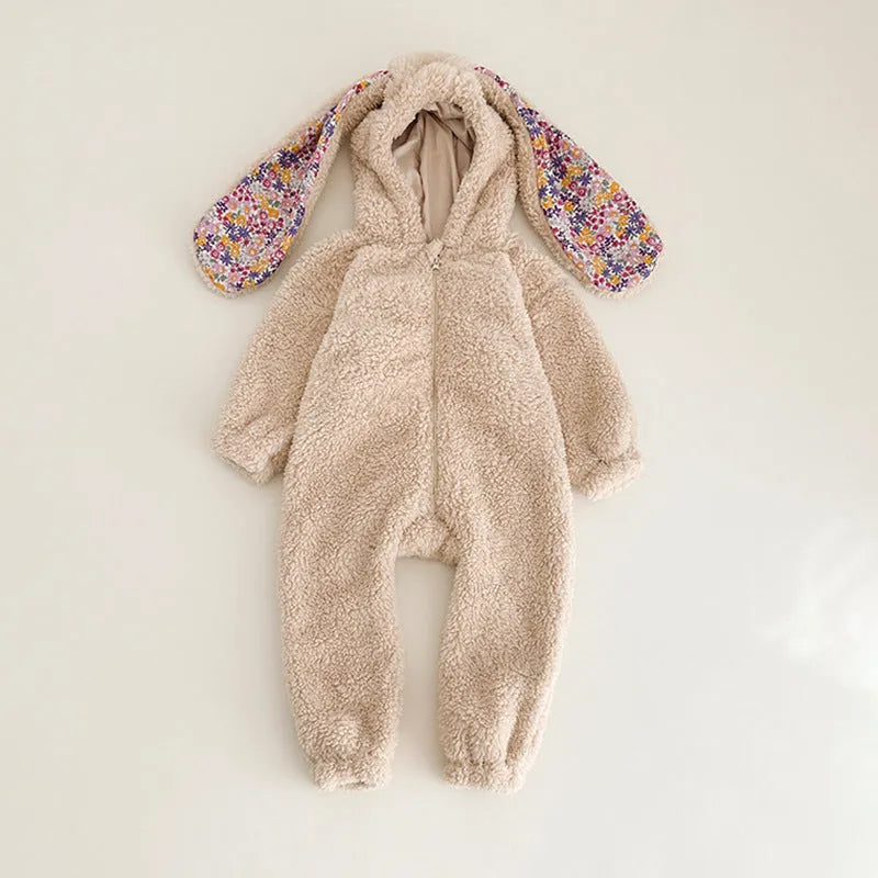 Hooded baby jumpsuit with lazy zipper and snap buttons in khaki, pink or white, 73-100cm