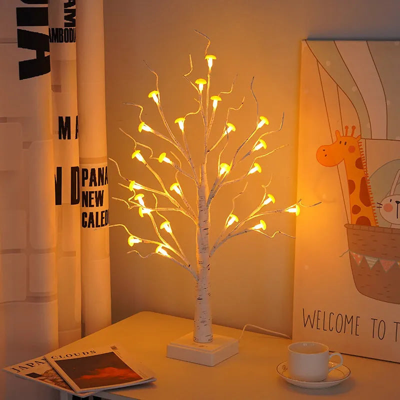 60cm tall mushroom tree LED lamp with warm light and 24 detachable flowers on birch branches