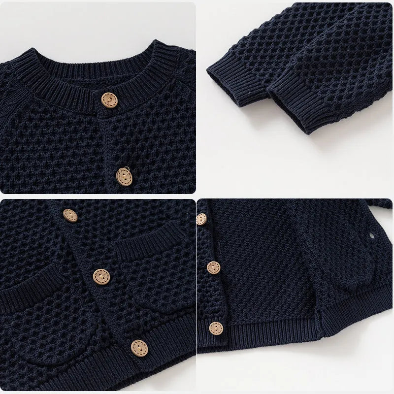 Boys' knitted cotton jumper in Teeth White or Sapphire Blue, round neck long sleeve sweater, 66-100cm