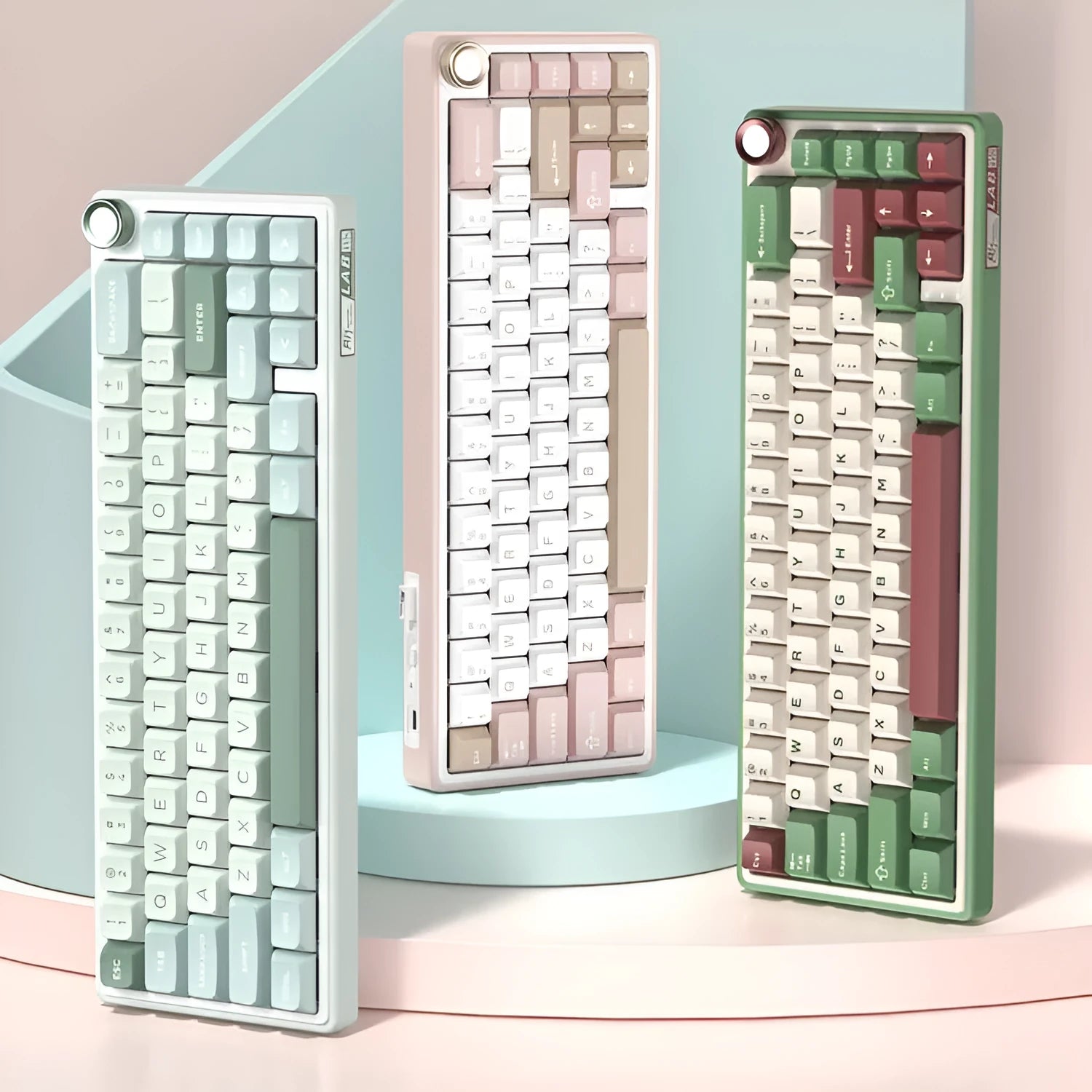 White wireless mechanical keyboard with RGB backlighting in compact 68-key layout on desk