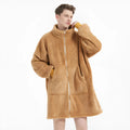 Men's camel polar fleece zipper cardigan nightgown with round neck on a hanger