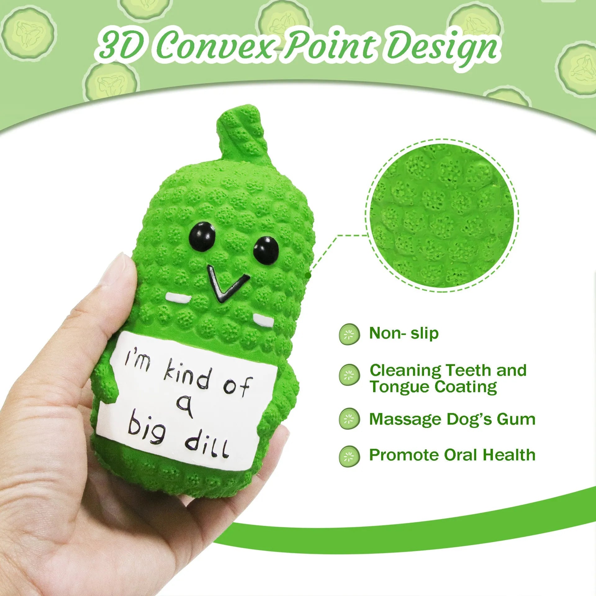 Green pickle-shaped squeaky dog chew toy with textured nubs on natural latex surface.