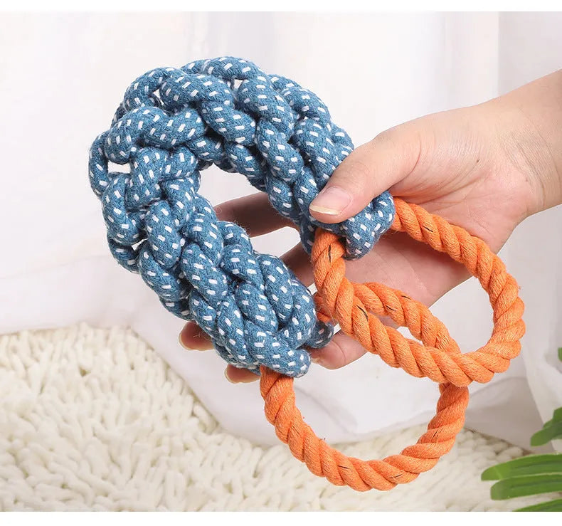 Blue double-ring braided cotton bone shape dog chew and tug toy
