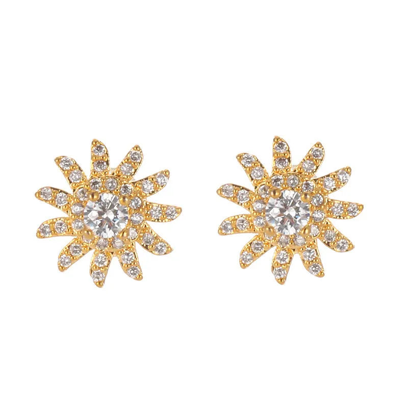 Sunflower ear studs with zircon inlay, copper base, Gold White and Platinum White colour options