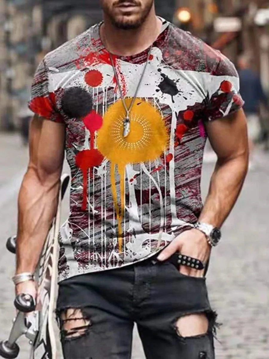 Man wearing a loose-fit camouflage print short-sleeved t-shirt.