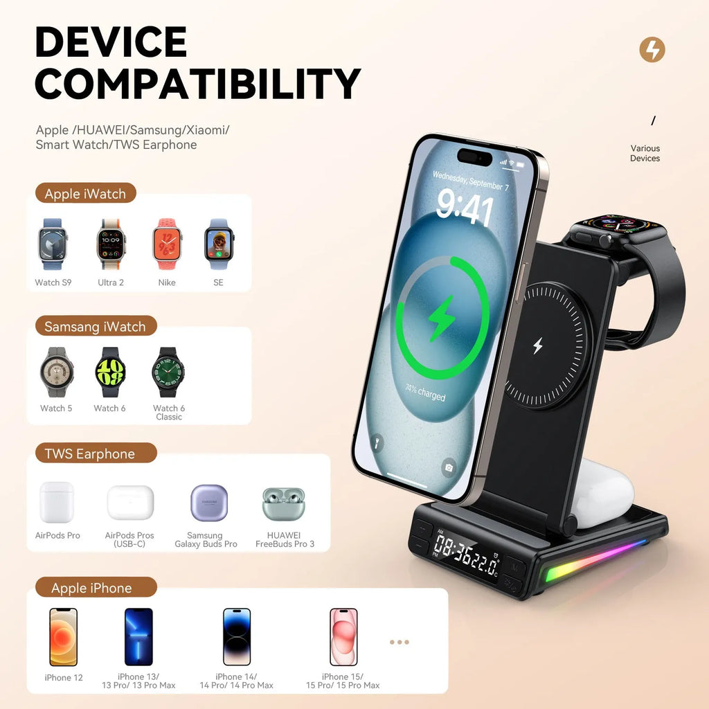 Desktop vertical five-in-one folding wireless charger in white with digital display