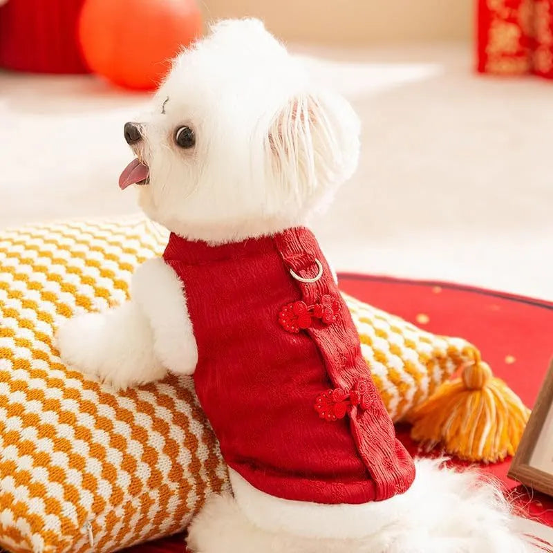 Red Chinese-style cotton dog coat for small dogs, thick material, plush lining, sizes XS-XXL